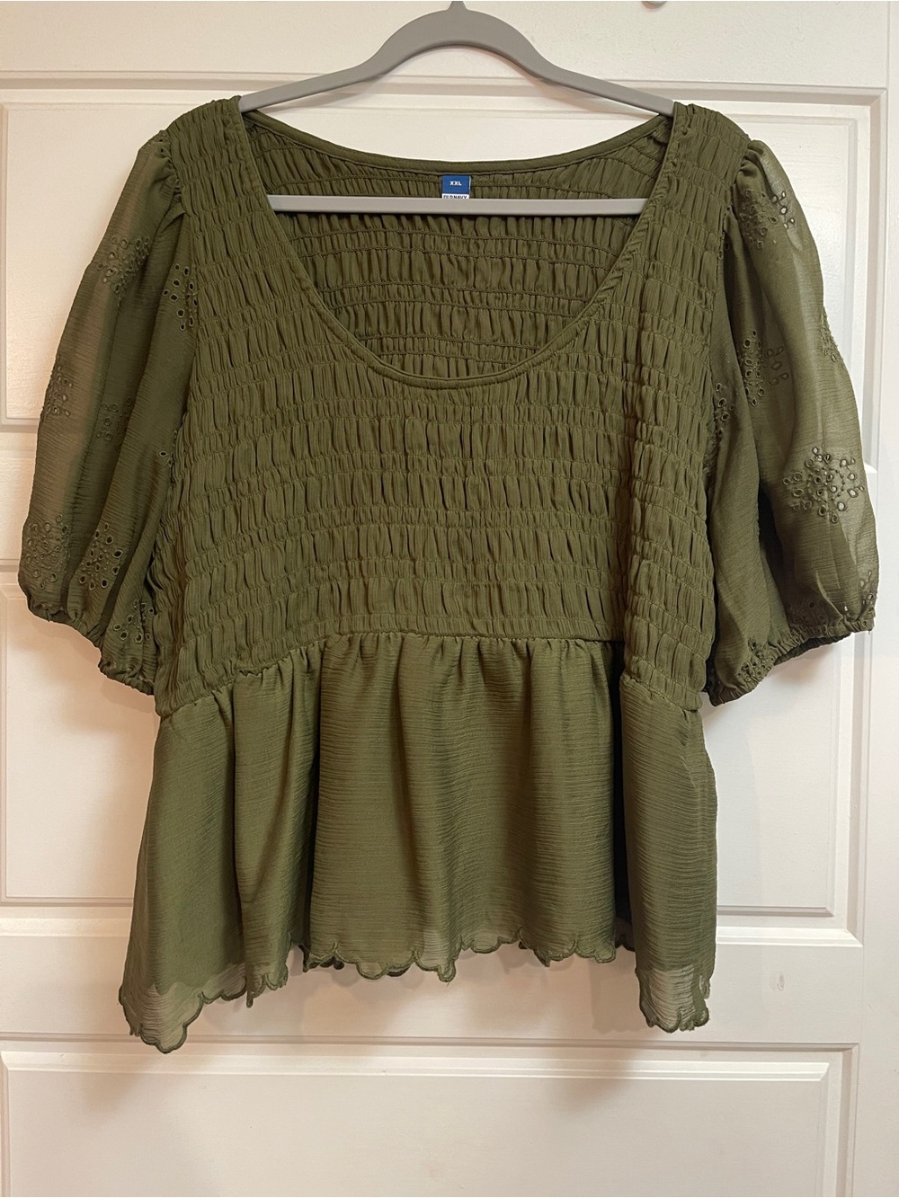 Old Navy Smocked Peplum Blouse with Sheer Puff Sleeves & Embroidery Details